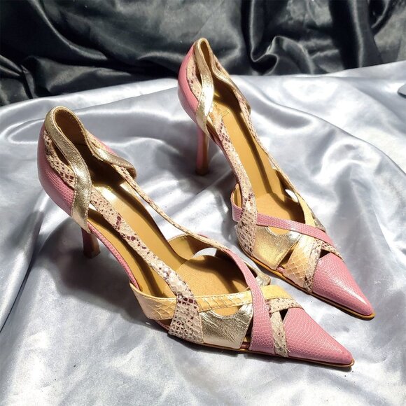 BAKERS pink gold iridescent snakeskin strappy cut out pointy toe heels THALIA - Picture 2 of 5
